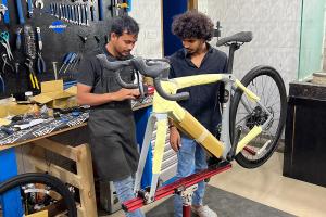 Precision bicycle tools and equipment in the workshop